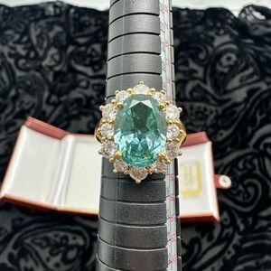 Aquamarine CZ Halo Statement Ring Size 8 | Vintage Hollywood Bette Davis Style